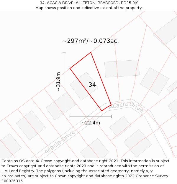 34, ACACIA DRIVE, ALLERTON, BRADFORD, BD15 9JY: Plot and title map