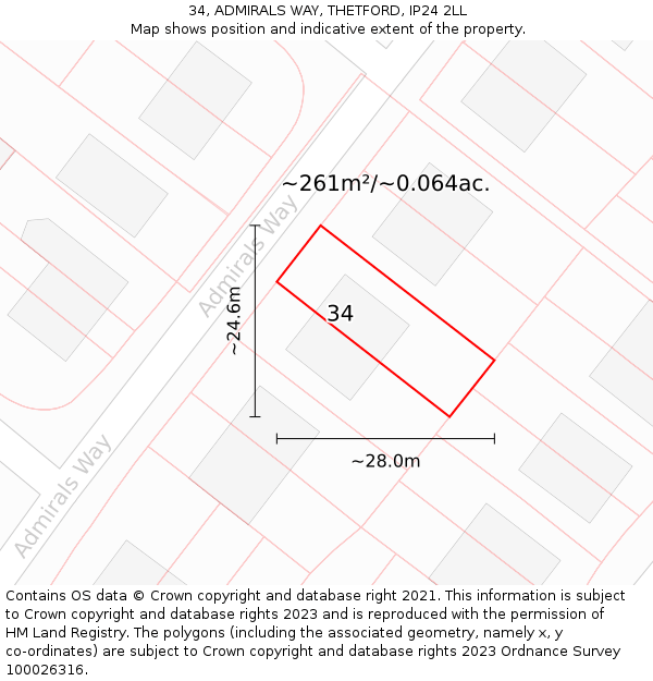 34, ADMIRALS WAY, THETFORD, IP24 2LL: Plot and title map