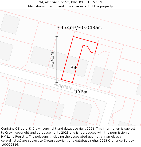 34, AIREDALE DRIVE, BROUGH, HU15 1US: Plot and title map