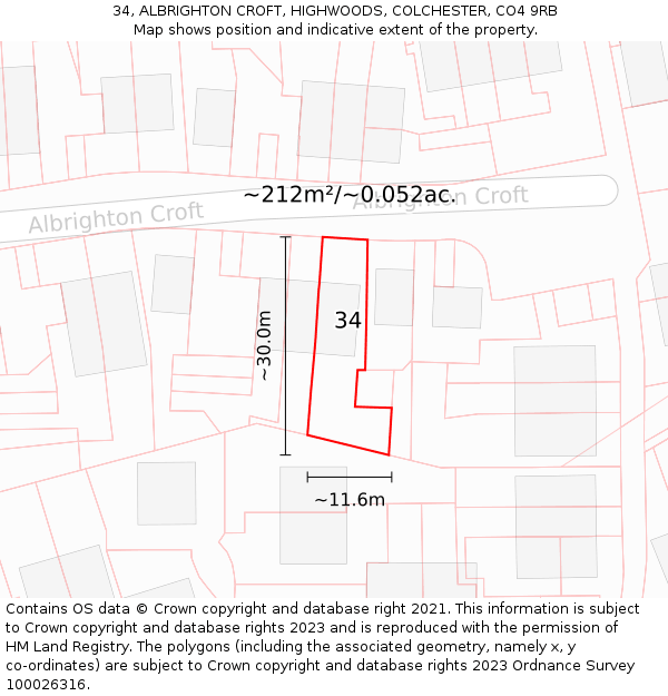 34, ALBRIGHTON CROFT, HIGHWOODS, COLCHESTER, CO4 9RB: Plot and title map