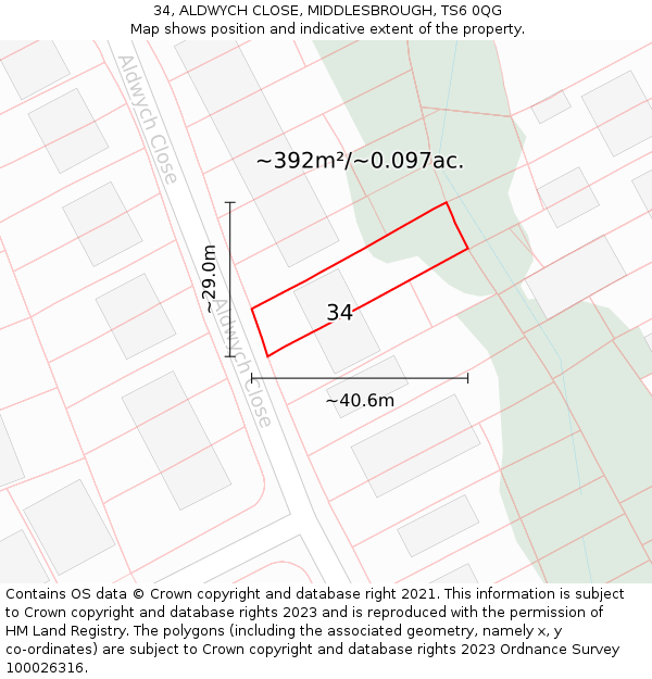 34, ALDWYCH CLOSE, MIDDLESBROUGH, TS6 0QG: Plot and title map