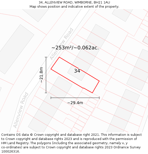 34, ALLENVIEW ROAD, WIMBORNE, BH21 1AU: Plot and title map