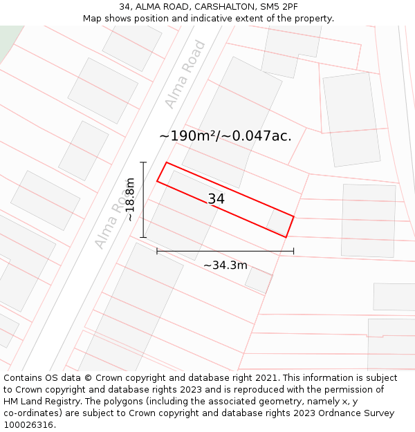 34, ALMA ROAD, CARSHALTON, SM5 2PF: Plot and title map