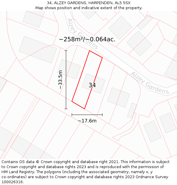 34, ALZEY GARDENS, HARPENDEN, AL5 5SX: Plot and title map