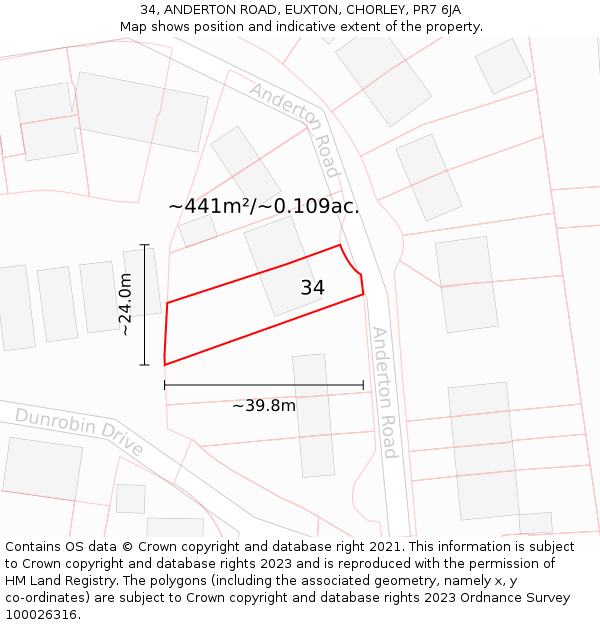 34, ANDERTON ROAD, EUXTON, CHORLEY, PR7 6JA: Plot and title map