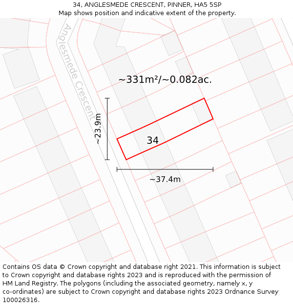 34, ANGLESMEDE CRESCENT, PINNER, HA5 5SP: Plot and title map