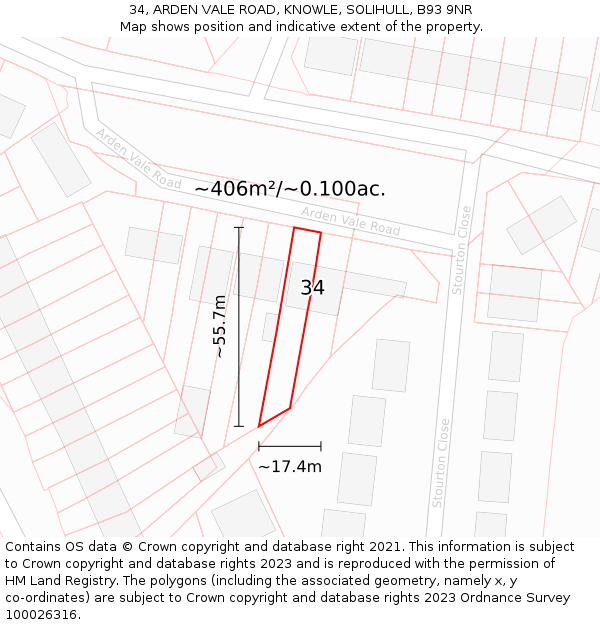 34, ARDEN VALE ROAD, KNOWLE, SOLIHULL, B93 9NR: Plot and title map