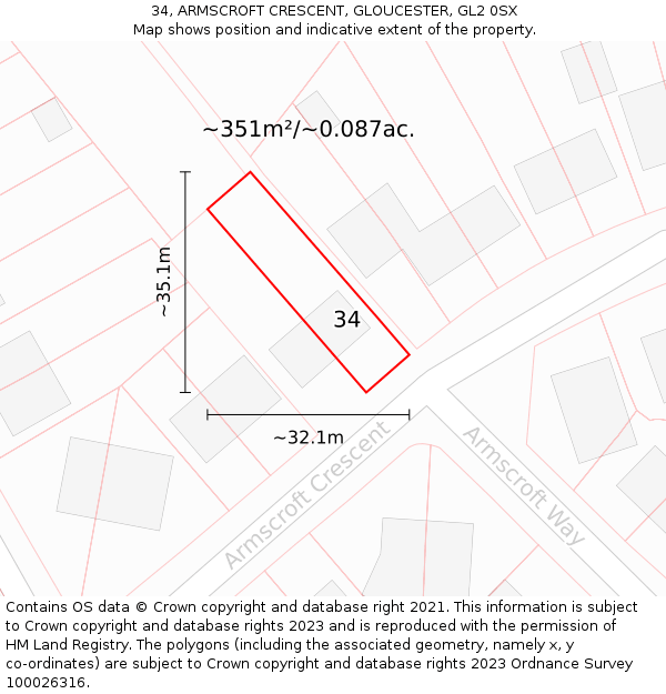 34, ARMSCROFT CRESCENT, GLOUCESTER, GL2 0SX: Plot and title map