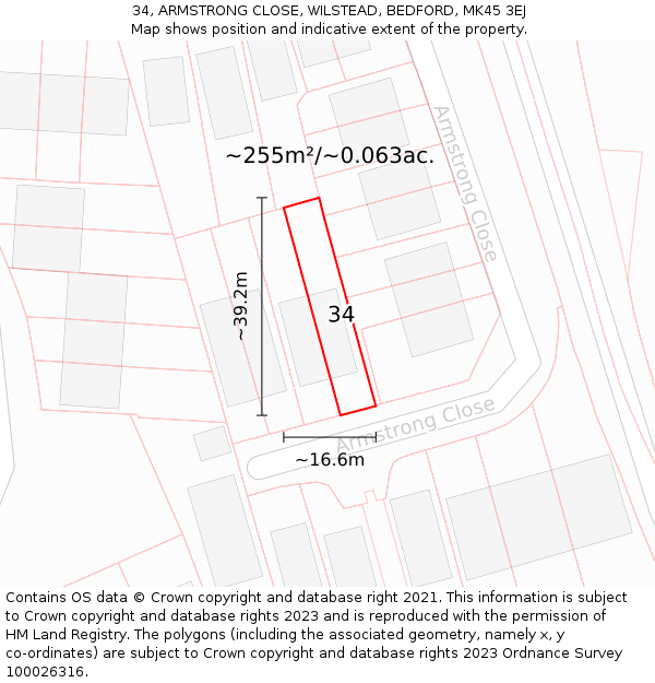 34, ARMSTRONG CLOSE, WILSTEAD, BEDFORD, MK45 3EJ: Plot and title map