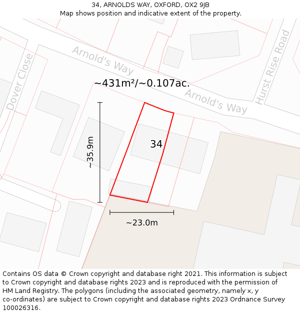 34, ARNOLDS WAY, OXFORD, OX2 9JB: Plot and title map