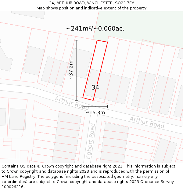 34, ARTHUR ROAD, WINCHESTER, SO23 7EA: Plot and title map