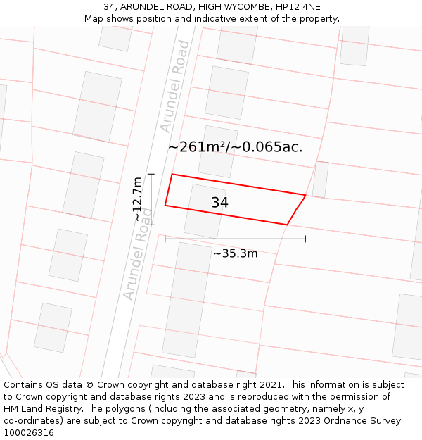 34, ARUNDEL ROAD, HIGH WYCOMBE, HP12 4NE: Plot and title map