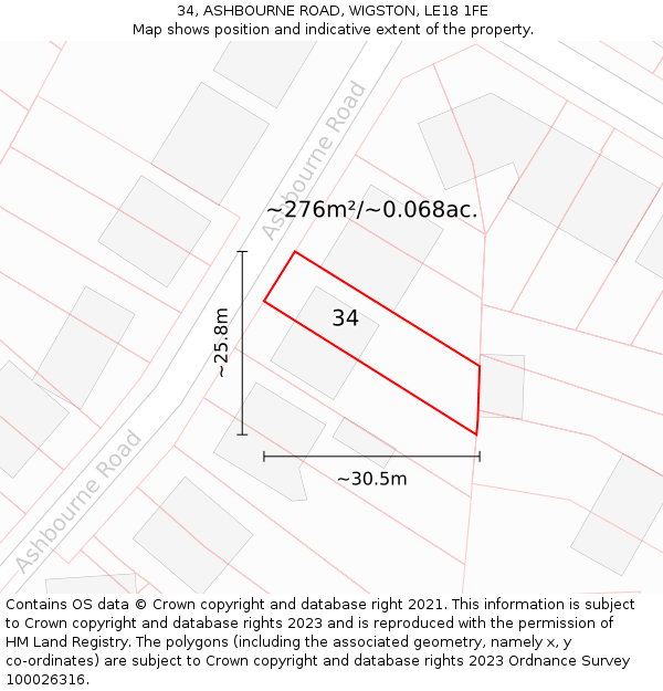 34, ASHBOURNE ROAD, WIGSTON, LE18 1FE: Plot and title map