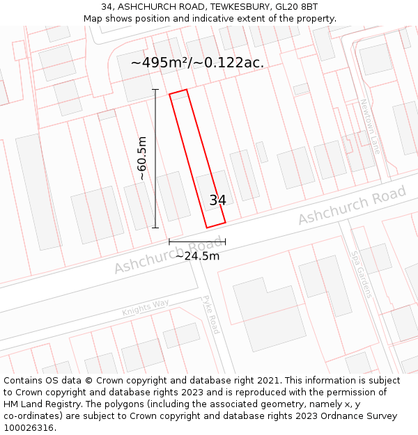 34, ASHCHURCH ROAD, TEWKESBURY, GL20 8BT: Plot and title map