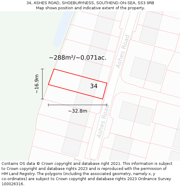34, ASHES ROAD, SHOEBURYNESS, SOUTHEND-ON-SEA, SS3 9RB: Plot and title map