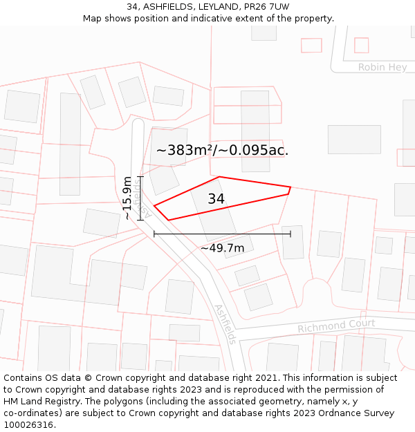 34, ASHFIELDS, LEYLAND, PR26 7UW: Plot and title map