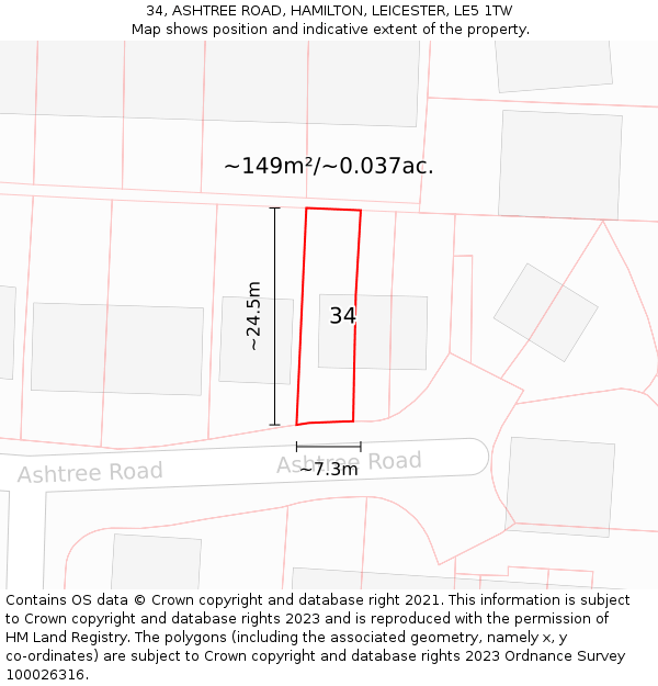 34, ASHTREE ROAD, HAMILTON, LEICESTER, LE5 1TW: Plot and title map