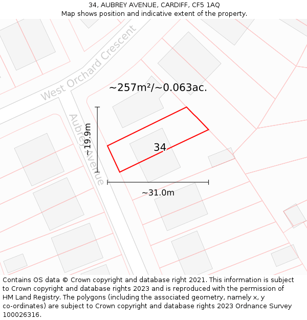 34, AUBREY AVENUE, CARDIFF, CF5 1AQ: Plot and title map
