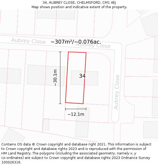 34, AUBREY CLOSE, CHELMSFORD, CM1 4EJ: Plot and title map
