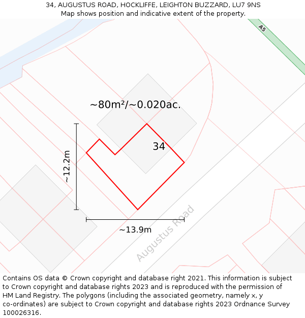 34, AUGUSTUS ROAD, HOCKLIFFE, LEIGHTON BUZZARD, LU7 9NS: Plot and title map