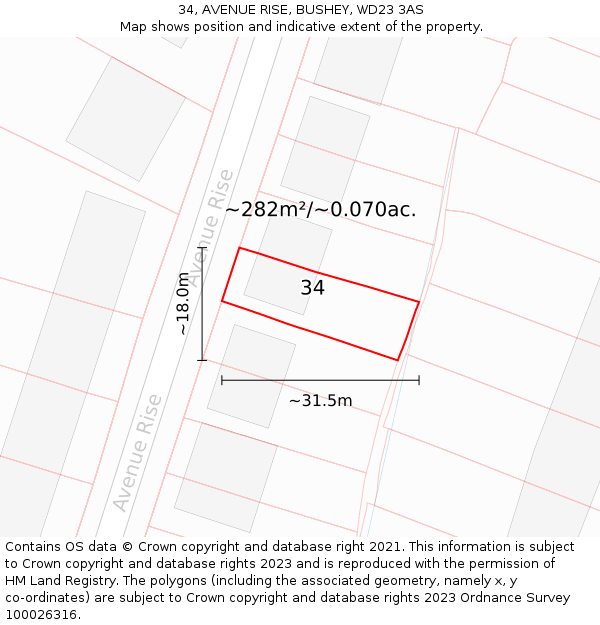 34, AVENUE RISE, BUSHEY, WD23 3AS: Plot and title map
