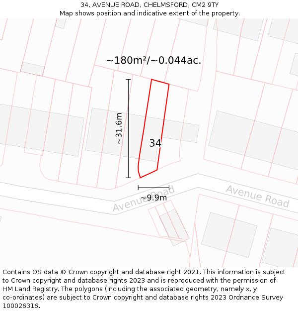 34, AVENUE ROAD, CHELMSFORD, CM2 9TY: Plot and title map