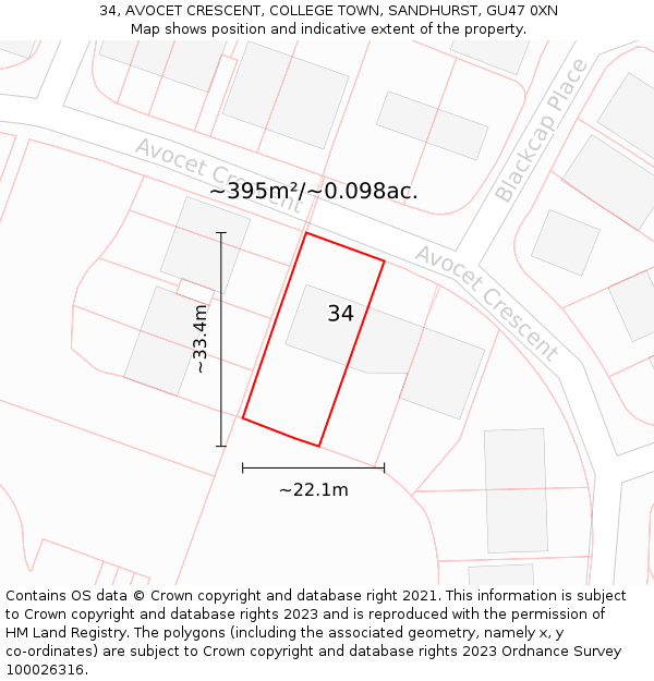 34, AVOCET CRESCENT, COLLEGE TOWN, SANDHURST, GU47 0XN: Plot and title map