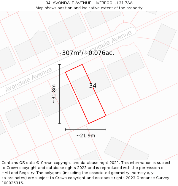 34, AVONDALE AVENUE, LIVERPOOL, L31 7AA: Plot and title map