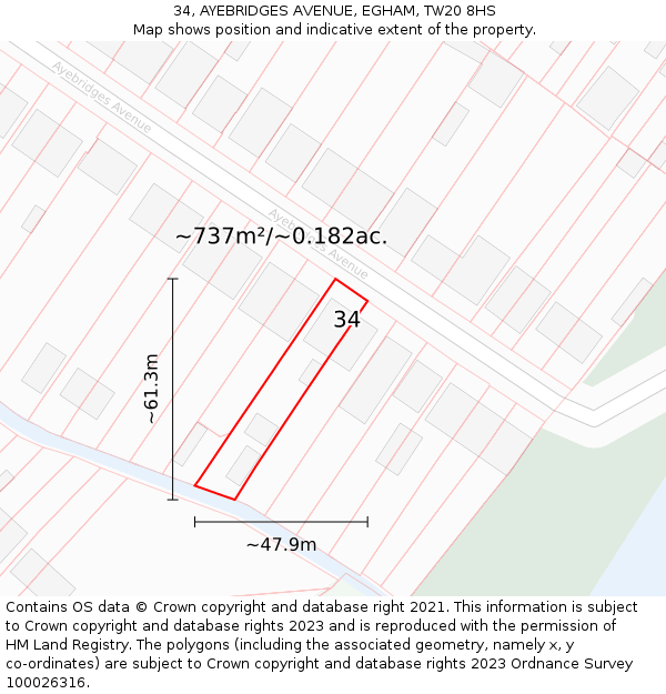 34, AYEBRIDGES AVENUE, EGHAM, TW20 8HS: Plot and title map