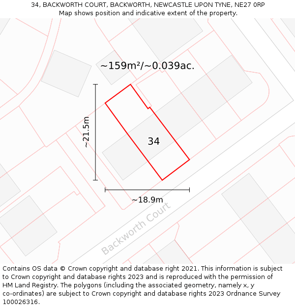 34, BACKWORTH COURT, BACKWORTH, NEWCASTLE UPON TYNE, NE27 0RP: Plot and title map