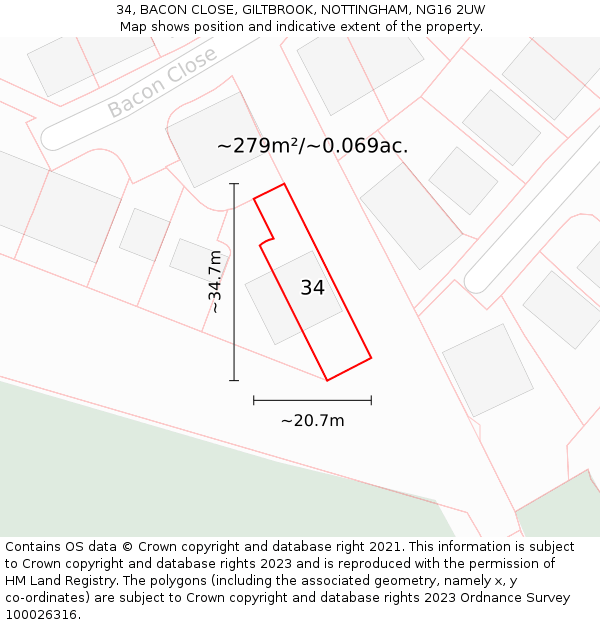 34, BACON CLOSE, GILTBROOK, NOTTINGHAM, NG16 2UW: Plot and title map