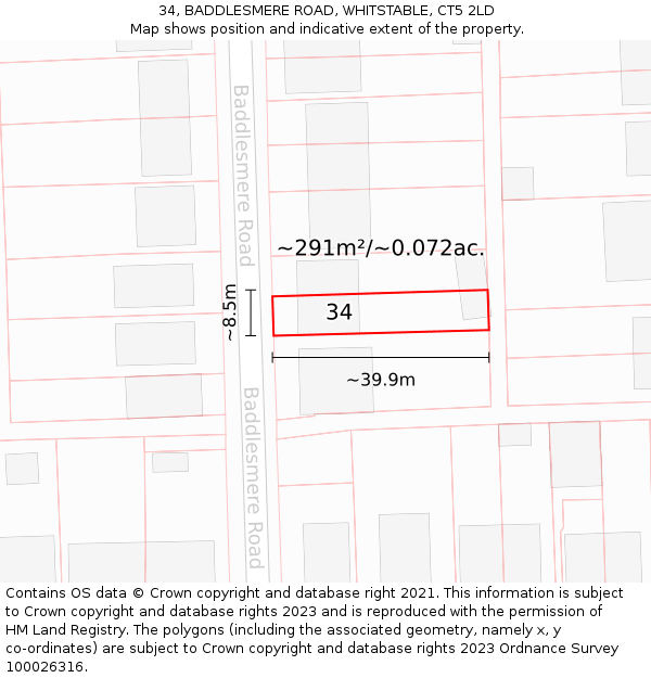 34, BADDLESMERE ROAD, WHITSTABLE, CT5 2LD: Plot and title map