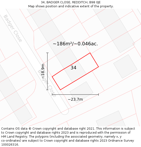 34, BADGER CLOSE, REDDITCH, B98 0JE: Plot and title map