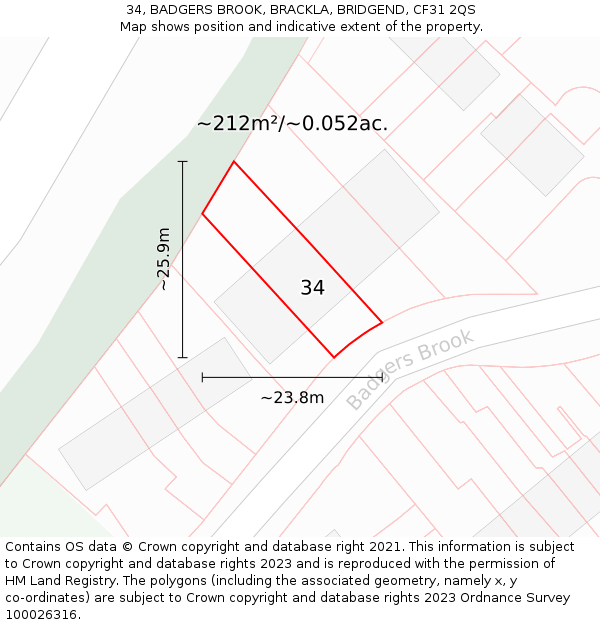 34, BADGERS BROOK, BRACKLA, BRIDGEND, CF31 2QS: Plot and title map