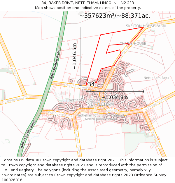 34, BAKER DRIVE, NETTLEHAM, LINCOLN, LN2 2FR: Plot and title map