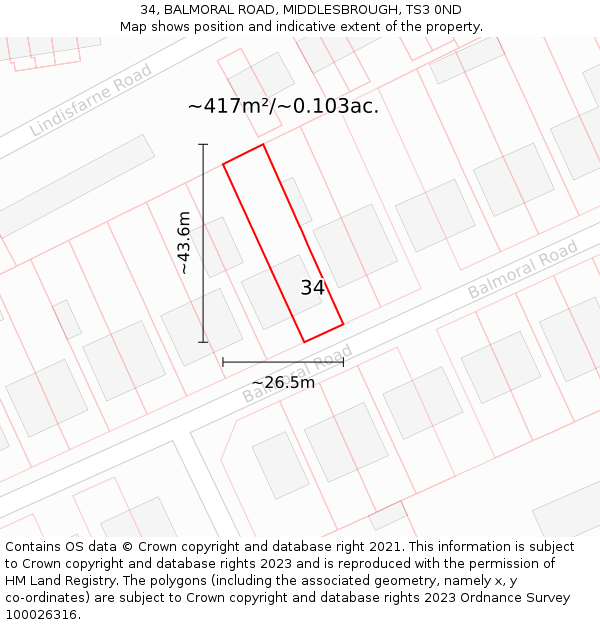 34, BALMORAL ROAD, MIDDLESBROUGH, TS3 0ND: Plot and title map