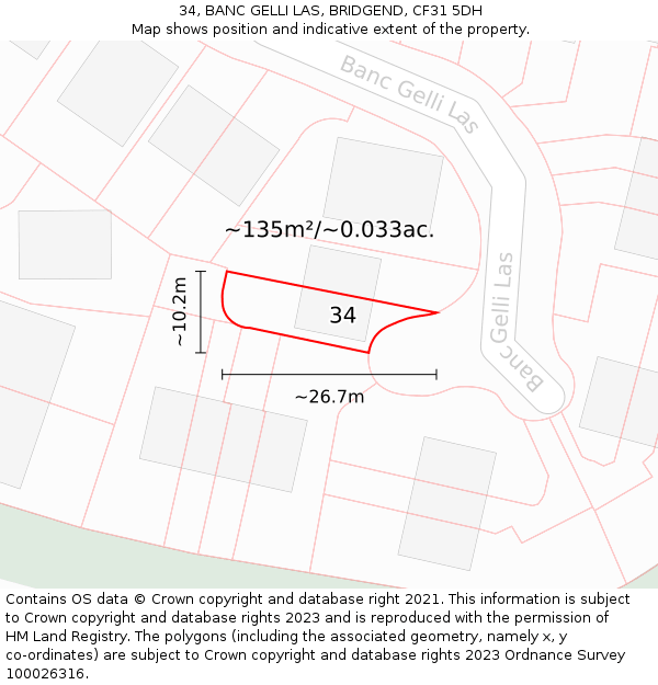34, BANC GELLI LAS, BRIDGEND, CF31 5DH: Plot and title map
