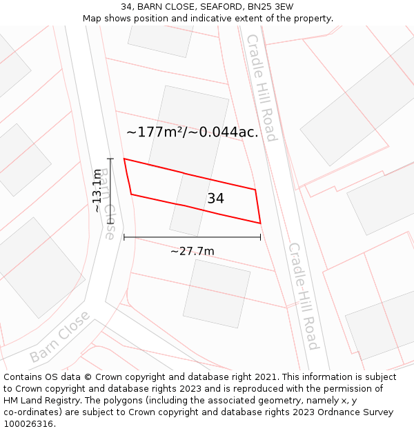 34, BARN CLOSE, SEAFORD, BN25 3EW: Plot and title map