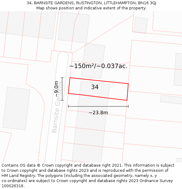 34, BARNSITE GARDENS, RUSTINGTON, LITTLEHAMPTON, BN16 3QJ: Plot and title map