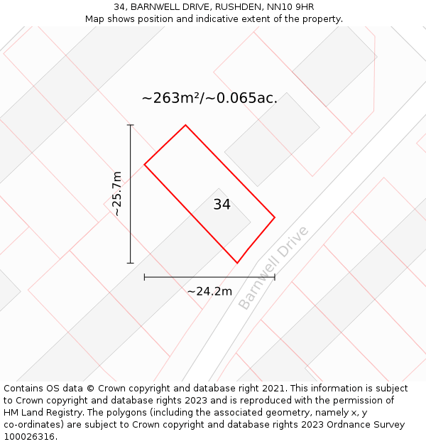 34, BARNWELL DRIVE, RUSHDEN, NN10 9HR: Plot and title map