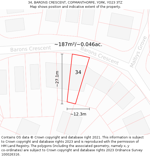 34, BARONS CRESCENT, COPMANTHORPE, YORK, YO23 3TZ: Plot and title map