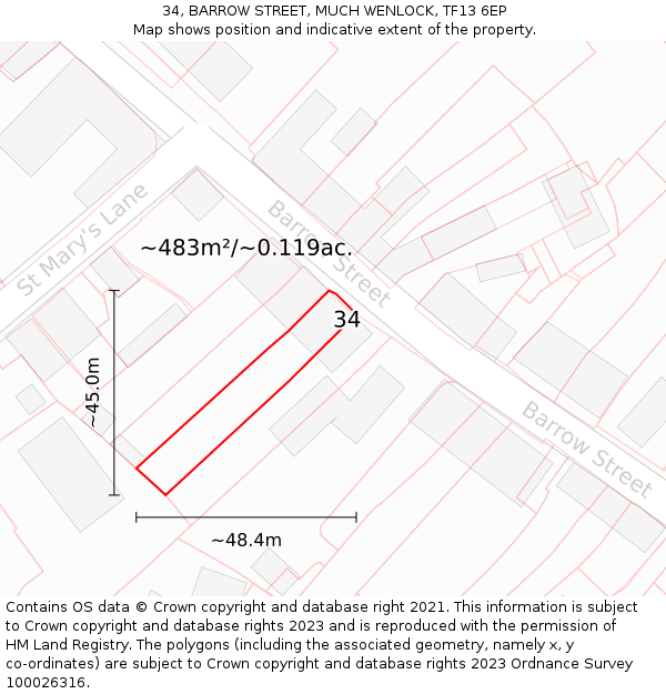 34, BARROW STREET, MUCH WENLOCK, TF13 6EP: Plot and title map