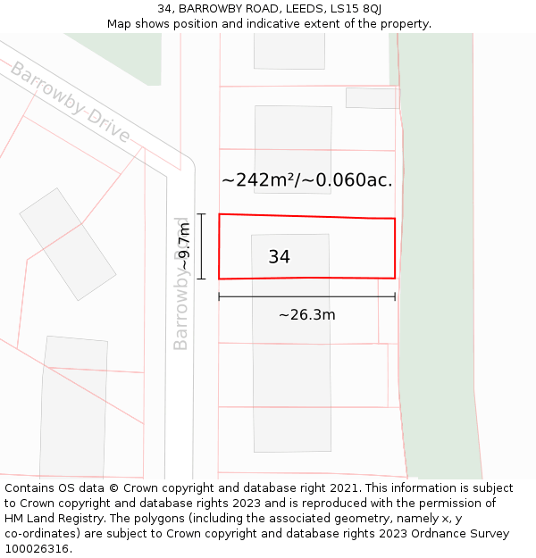 34, BARROWBY ROAD, LEEDS, LS15 8QJ: Plot and title map