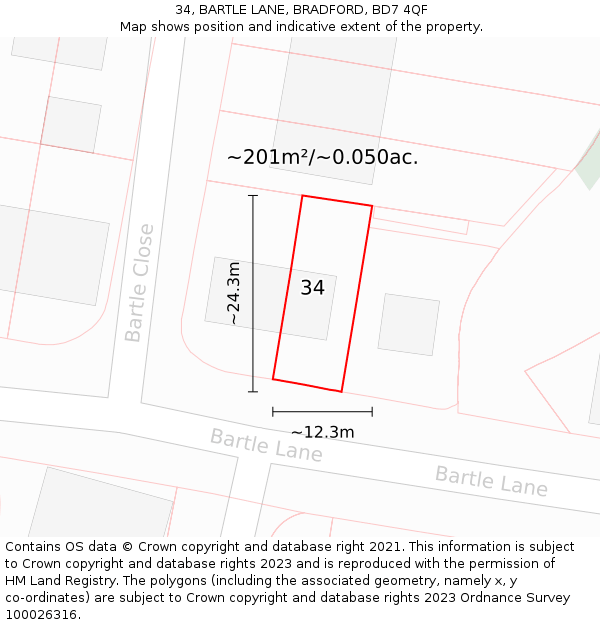 34, BARTLE LANE, BRADFORD, BD7 4QF: Plot and title map