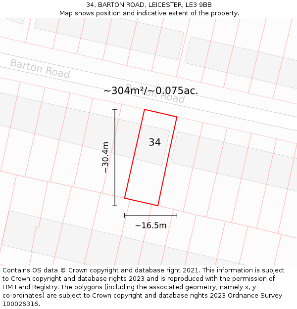 34, BARTON ROAD, LEICESTER, LE3 9BB: Plot and title map
