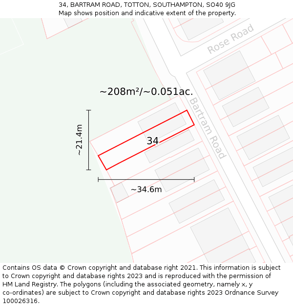 34, BARTRAM ROAD, TOTTON, SOUTHAMPTON, SO40 9JG: Plot and title map