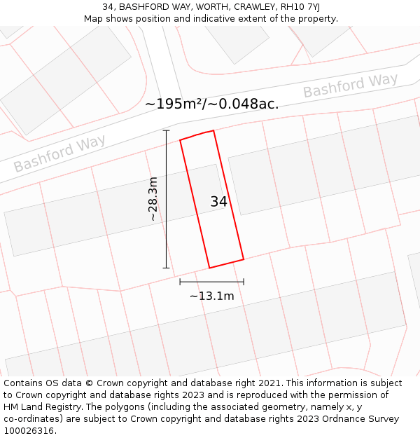34, BASHFORD WAY, WORTH, CRAWLEY, RH10 7YJ: Plot and title map