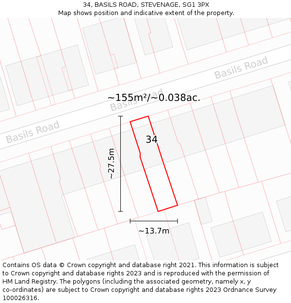 34, BASILS ROAD, STEVENAGE, SG1 3PX: Plot and title map
