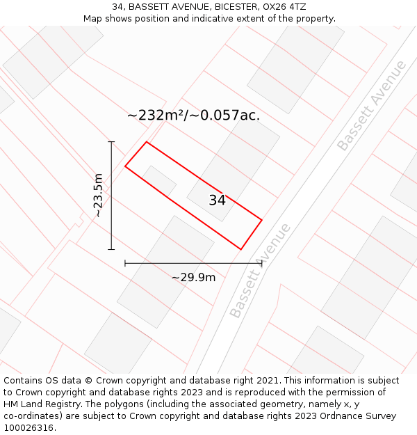 34, BASSETT AVENUE, BICESTER, OX26 4TZ: Plot and title map