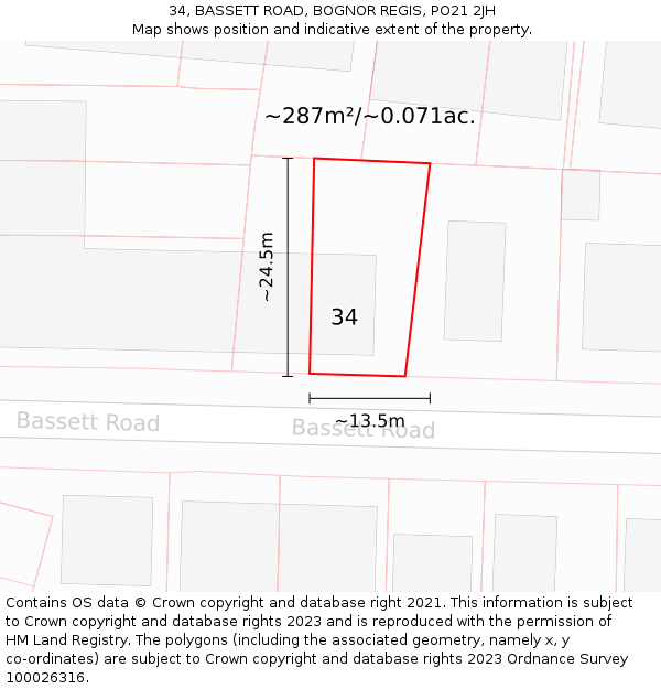 34, BASSETT ROAD, BOGNOR REGIS, PO21 2JH: Plot and title map